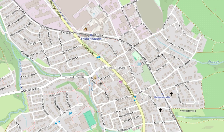 Kartenausschnitt von Frickenhausen: Das Geschäft liegt an der Hauptstraße 21, mitten im Ort